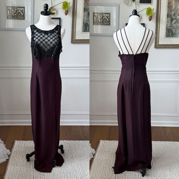 Vintage 80s 90s Purple Black Mesh Beaded Illusion Bodice Formal Gown M - Picture 1 of 9